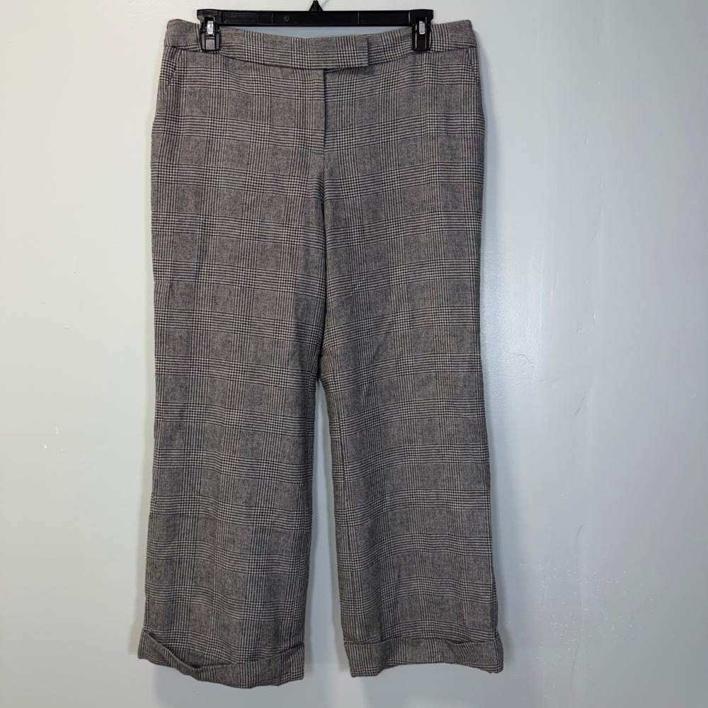 Talbots Petites Glen Plaid Wool Blend Wide Leg Trousers Grey 14P VN1004‎